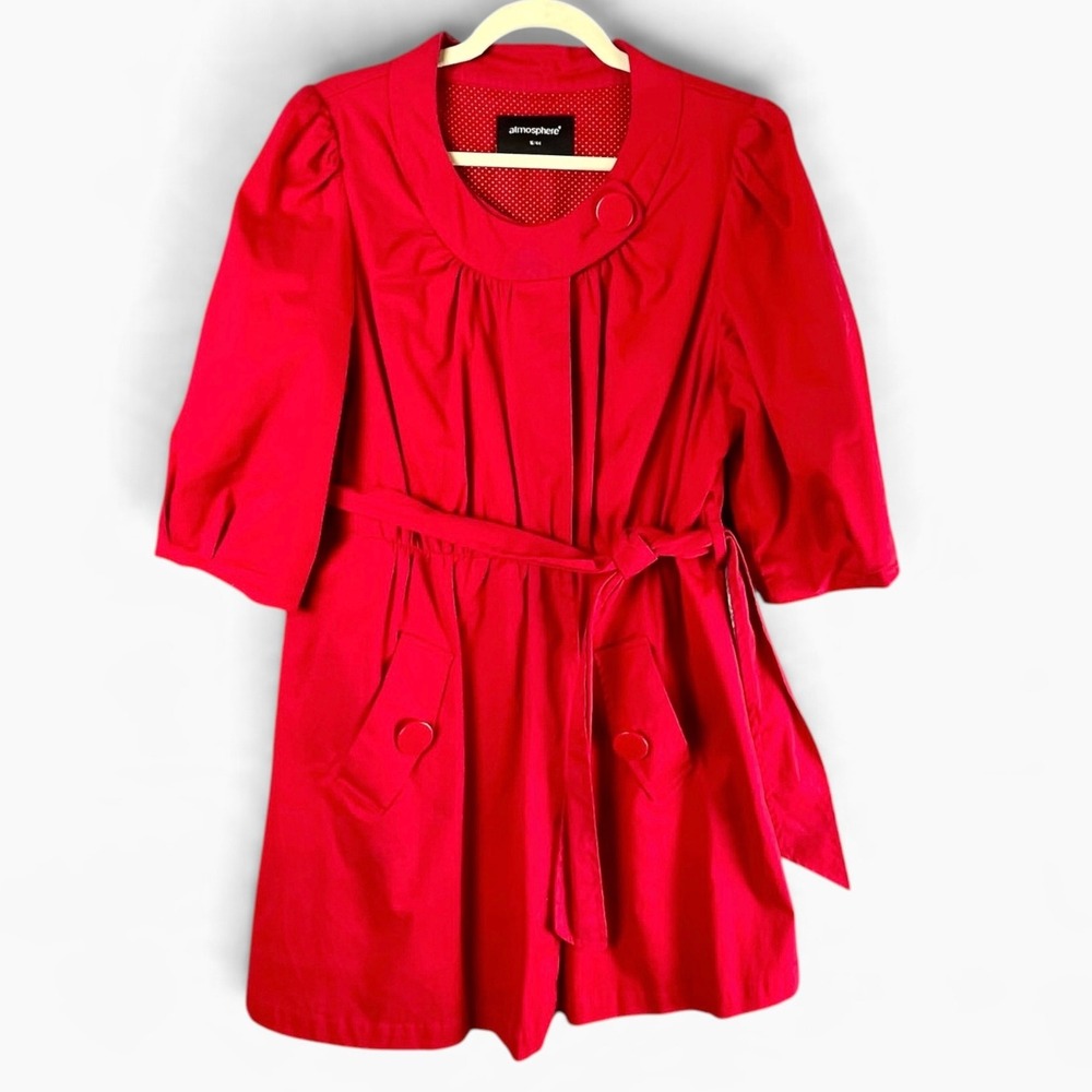 Atmosphere Red Belted Puff 3/4 Sleeve Trench Coat Size 16 Polka Dot